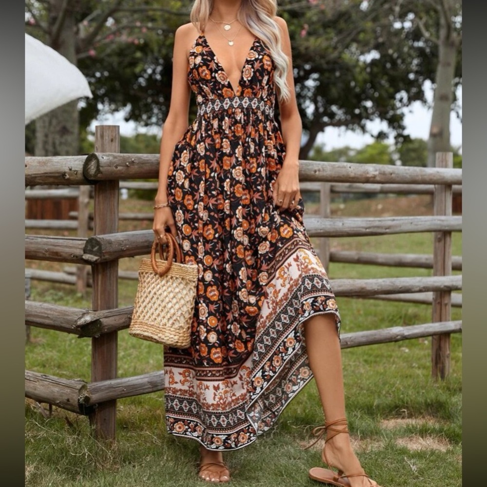 Boho floral print backless cami dress - Picture 1 of 11